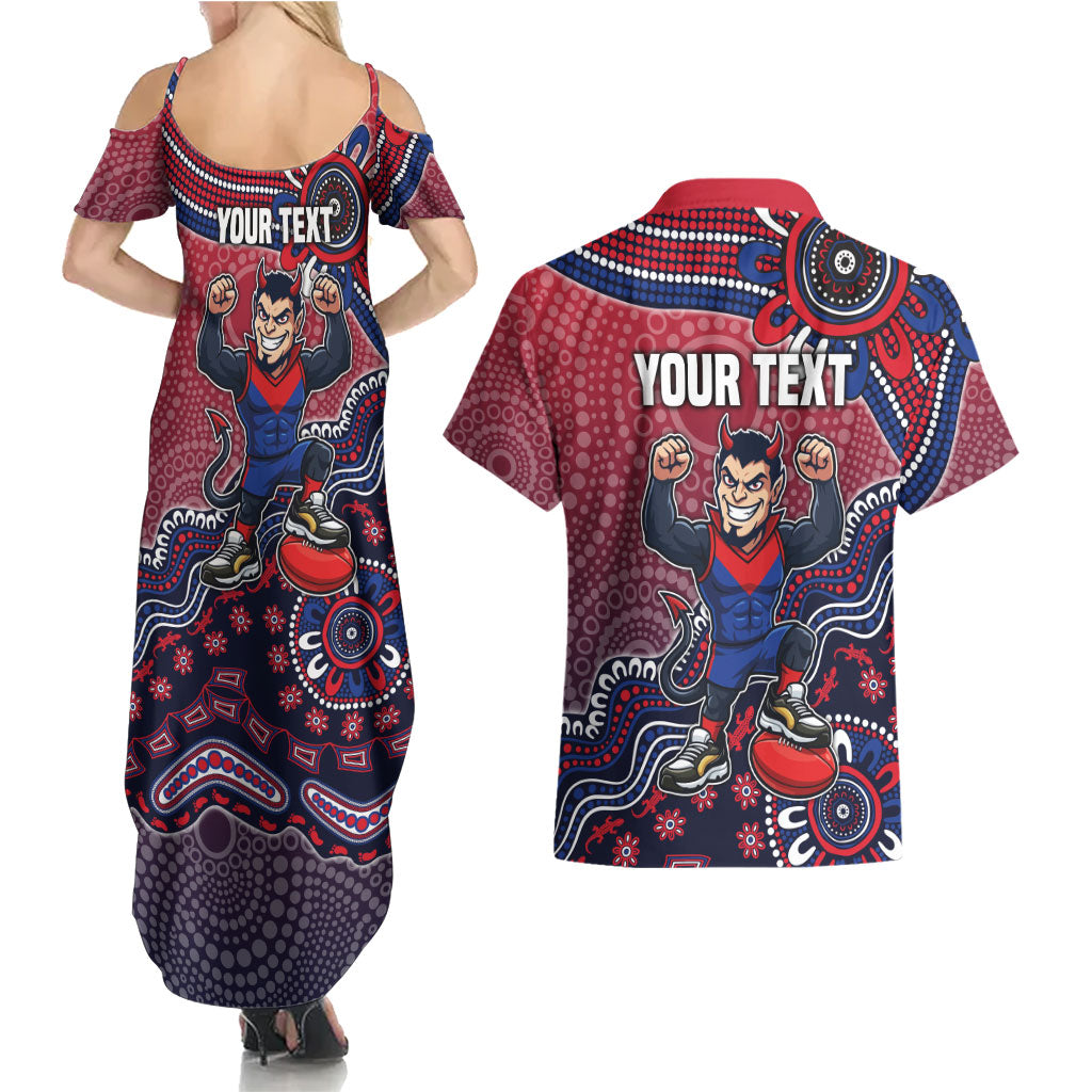Personalized Melbourne Demons Football Mascot Couples Matching Summer Maxi Dress and Hawaiian Shirt Aboriginal Dot Art Style Vibrant Indigenous Pattern Design