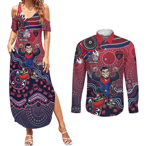 Personalized Melbourne Demons Football Mascot Couples Matching Summer Maxi Dress and Long Sleeve Button Shirt Aboriginal Dot Art Style Vibrant Indigenous Pattern Design