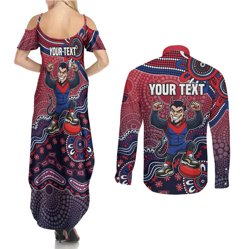 Personalized Melbourne Demons Football Mascot Couples Matching Summer Maxi Dress and Long Sleeve Button Shirt Aboriginal Dot Art Style Vibrant Indigenous Pattern Design