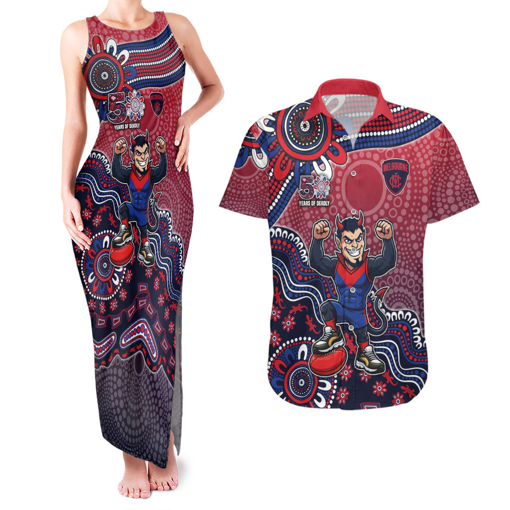 Personalized Melbourne Demons Football Mascot Couples Matching Tank Maxi Dress and Hawaiian Shirt Aboriginal Dot Art Style Vibrant Indigenous Pattern Design