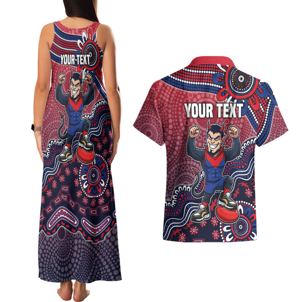 Personalized Melbourne Demons Football Mascot Couples Matching Tank Maxi Dress and Hawaiian Shirt Aboriginal Dot Art Style Vibrant Indigenous Pattern Design