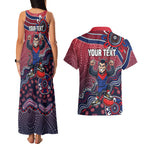 Personalized Melbourne Demons Football Mascot Couples Matching Tank Maxi Dress and Hawaiian Shirt Aboriginal Dot Art Style Vibrant Indigenous Pattern Design