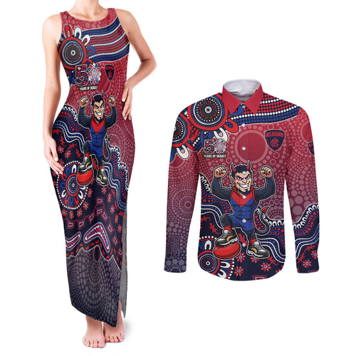 Personalized Melbourne Demons Football Mascot Couples Matching Tank Maxi Dress and Long Sleeve Button Shirt Aboriginal Dot Art Style Vibrant Indigenous Pattern Design