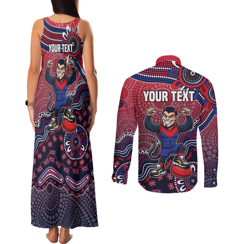 Personalized Melbourne Demons Football Mascot Couples Matching Tank Maxi Dress and Long Sleeve Button Shirt Aboriginal Dot Art Style Vibrant Indigenous Pattern Design