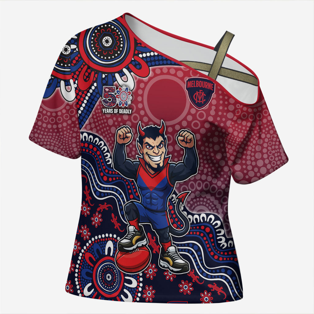 Personalized Melbourne Demons Football Mascot Cross Shoulder Shirt Aboriginal Dot Art Style Vibrant Indigenous Pattern Design