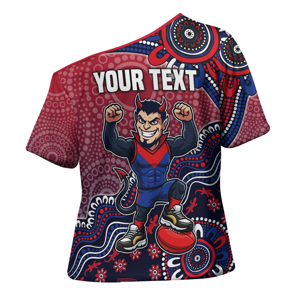 Personalized Melbourne Demons Football Mascot Cross Shoulder Shirt Aboriginal Dot Art Style Vibrant Indigenous Pattern Design