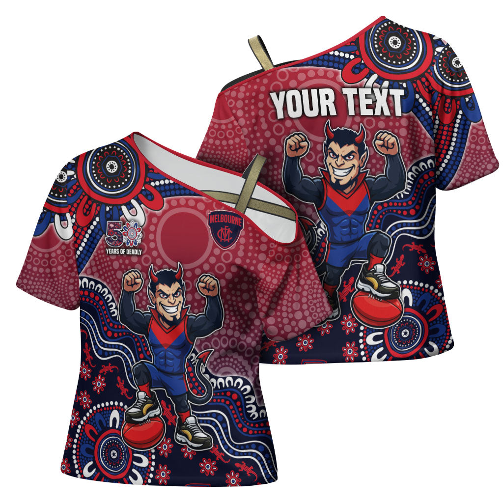 Personalized Melbourne Demons Football Mascot Cross Shoulder Shirt Aboriginal Dot Art Style Vibrant Indigenous Pattern Design