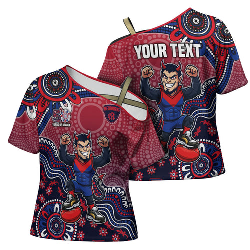 Personalized Melbourne Demons Football Mascot Cross Shoulder Shirt Aboriginal Dot Art Style Vibrant Indigenous Pattern Design