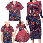 Personalized Melbourne Demons Football Mascot Family Matching Long Sleeve Bodycon Dress and Hawaiian Shirt Aboriginal Dot Art Style Vibrant Indigenous Pattern Design