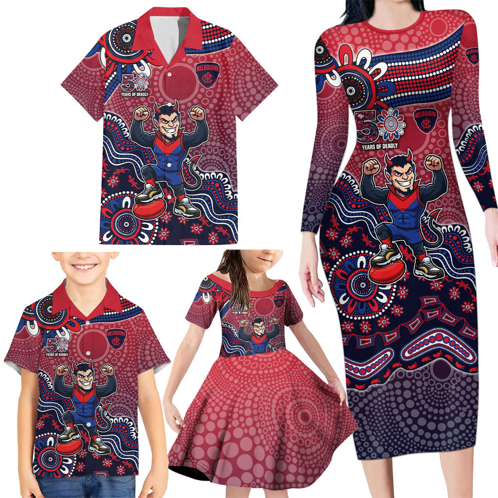 Personalized Melbourne Demons Football Mascot Family Matching Long Sleeve Bodycon Dress and Hawaiian Shirt Aboriginal Dot Art Style Vibrant Indigenous Pattern Design