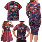 Personalized Melbourne Demons Football Mascot Family Matching Long Sleeve Bodycon Dress and Hawaiian Shirt Aboriginal Dot Art Style Vibrant Indigenous Pattern Design