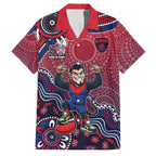 Personalized Melbourne Demons Football Mascot Family Matching Long Sleeve Bodycon Dress and Hawaiian Shirt Aboriginal Dot Art Style Vibrant Indigenous Pattern Design