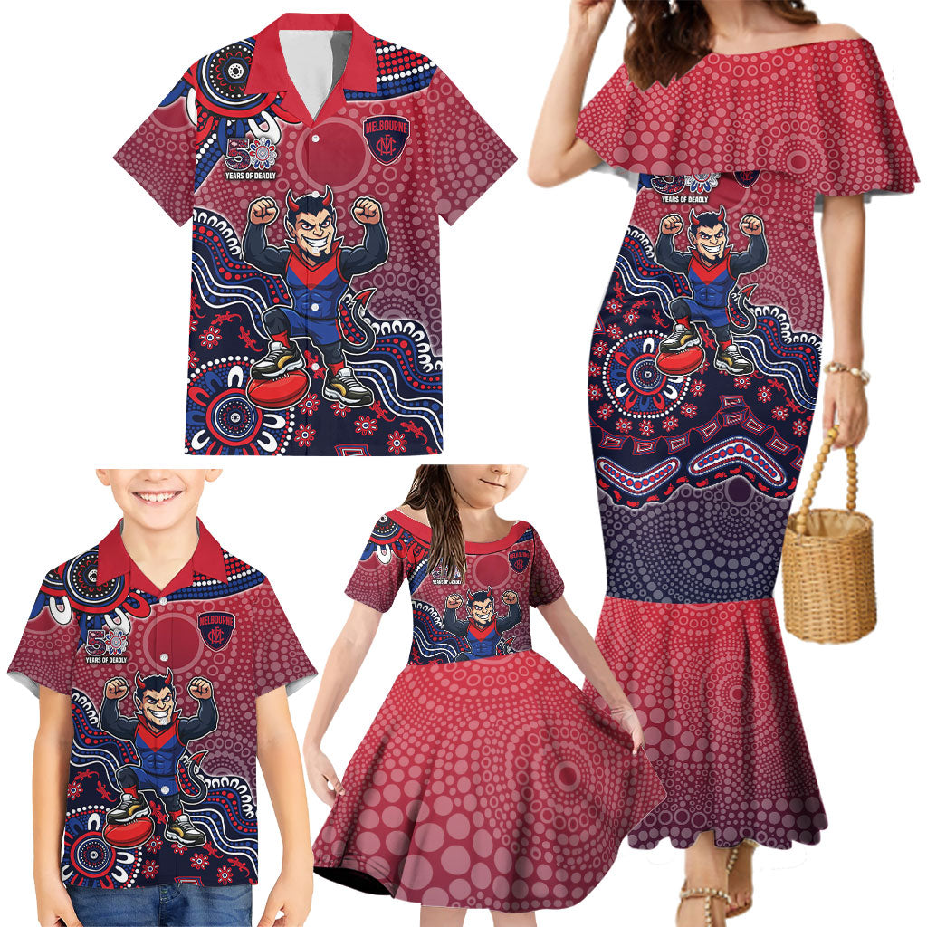 Personalized Melbourne Demons Football Mascot Family Matching Mermaid Dress and Hawaiian Shirt Aboriginal Dot Art Style Vibrant Indigenous Pattern Design