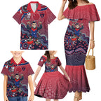 Personalized Melbourne Demons Football Mascot Family Matching Mermaid Dress and Hawaiian Shirt Aboriginal Dot Art Style Vibrant Indigenous Pattern Design