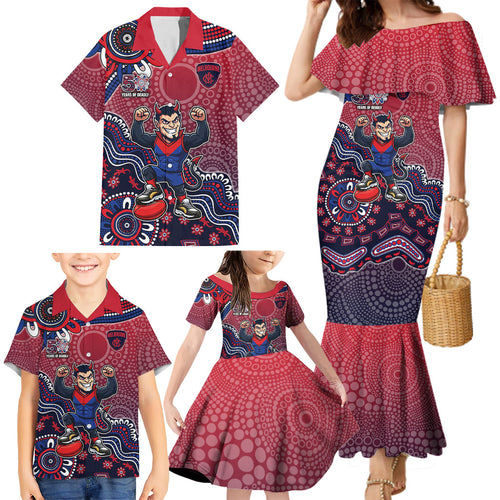 Personalized Melbourne Demons Football Mascot Family Matching Mermaid Dress and Hawaiian Shirt Aboriginal Dot Art Style Vibrant Indigenous Pattern Design