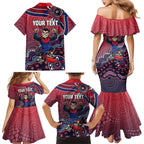 Personalized Melbourne Demons Football Mascot Family Matching Mermaid Dress and Hawaiian Shirt Aboriginal Dot Art Style Vibrant Indigenous Pattern Design