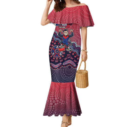 Personalized Melbourne Demons Football Mascot Family Matching Mermaid Dress and Hawaiian Shirt Aboriginal Dot Art Style Vibrant Indigenous Pattern Design