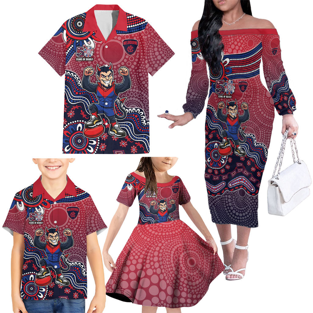 Personalized Melbourne Demons Football Mascot Family Matching Off The Shoulder Long Sleeve Dress and Hawaiian Shirt Aboriginal Dot Art Style Vibrant Indigenous Pattern Design