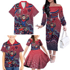 Personalized Melbourne Demons Football Mascot Family Matching Off The Shoulder Long Sleeve Dress and Hawaiian Shirt Aboriginal Dot Art Style Vibrant Indigenous Pattern Design