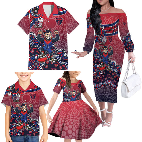 Personalized Melbourne Demons Football Mascot Family Matching Off The Shoulder Long Sleeve Dress and Hawaiian Shirt Aboriginal Dot Art Style Vibrant Indigenous Pattern Design