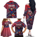 Personalized Melbourne Demons Football Mascot Family Matching Off The Shoulder Long Sleeve Dress and Hawaiian Shirt Aboriginal Dot Art Style Vibrant Indigenous Pattern Design