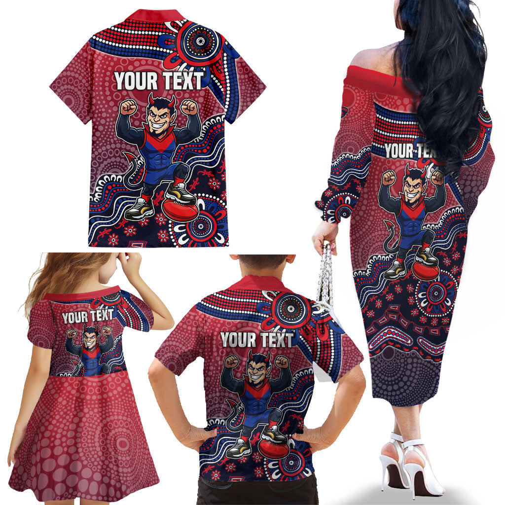 Personalized Melbourne Demons Football Mascot Family Matching Off The Shoulder Long Sleeve Dress and Hawaiian Shirt Aboriginal Dot Art Style Vibrant Indigenous Pattern Design