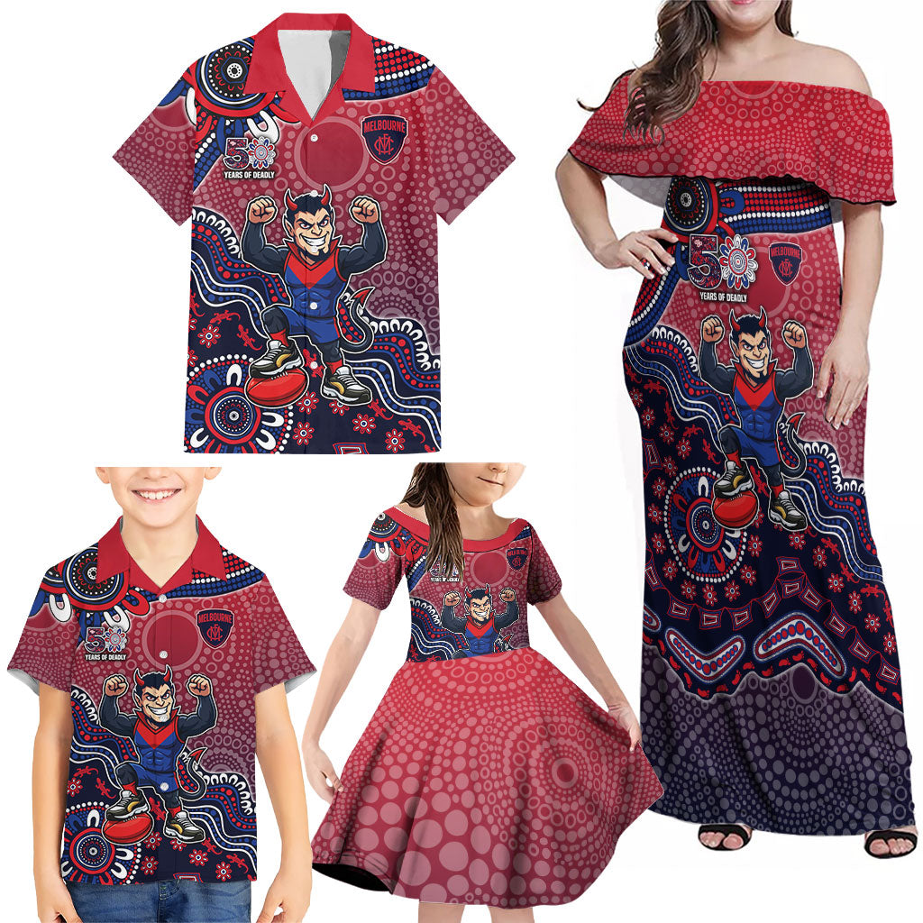 Personalized Melbourne Demons Football Mascot Family Matching Off Shoulder Maxi Dress and Hawaiian Shirt Aboriginal Dot Art Style Vibrant Indigenous Pattern Design