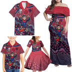Personalized Melbourne Demons Football Mascot Family Matching Off Shoulder Maxi Dress and Hawaiian Shirt Aboriginal Dot Art Style Vibrant Indigenous Pattern Design