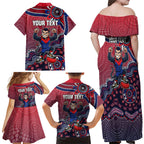 Personalized Melbourne Demons Football Mascot Family Matching Off Shoulder Maxi Dress and Hawaiian Shirt Aboriginal Dot Art Style Vibrant Indigenous Pattern Design