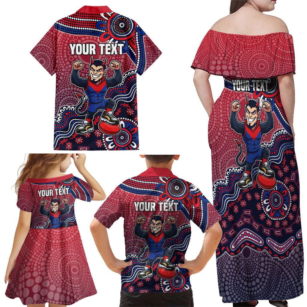 Personalized Melbourne Demons Football Mascot Family Matching Off Shoulder Maxi Dress and Hawaiian Shirt Aboriginal Dot Art Style Vibrant Indigenous Pattern Design