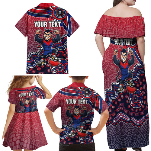 Personalized Melbourne Demons Football Mascot Family Matching Off Shoulder Maxi Dress and Hawaiian Shirt Aboriginal Dot Art Style Vibrant Indigenous Pattern Design