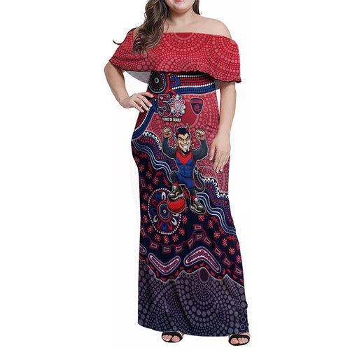 Personalized Melbourne Demons Football Mascot Family Matching Off Shoulder Maxi Dress and Hawaiian Shirt Aboriginal Dot Art Style Vibrant Indigenous Pattern Design