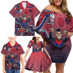 Personalized Melbourne Demons Football Mascot Family Matching Off Shoulder Short Dress and Hawaiian Shirt Aboriginal Dot Art Style Vibrant Indigenous Pattern Design