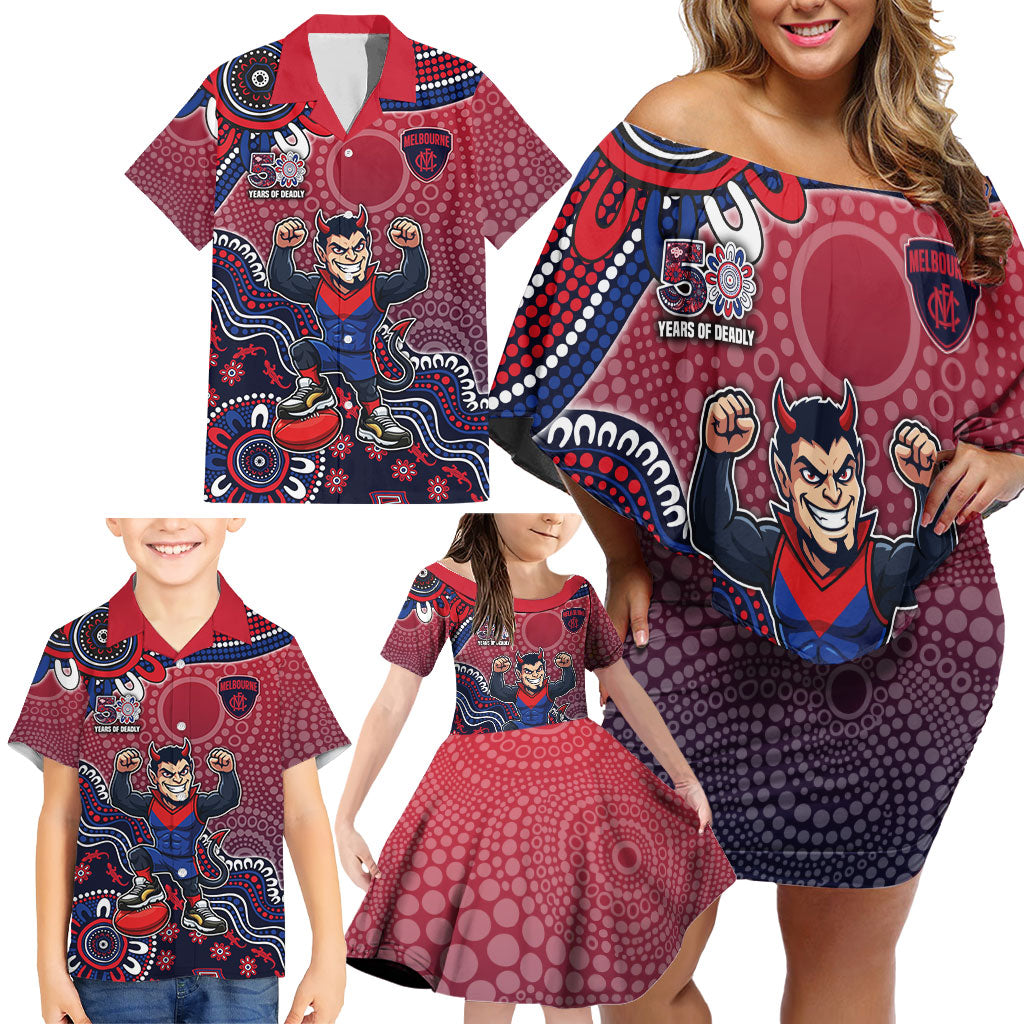 Personalized Melbourne Demons Football Mascot Family Matching Off Shoulder Short Dress and Hawaiian Shirt Aboriginal Dot Art Style Vibrant Indigenous Pattern Design