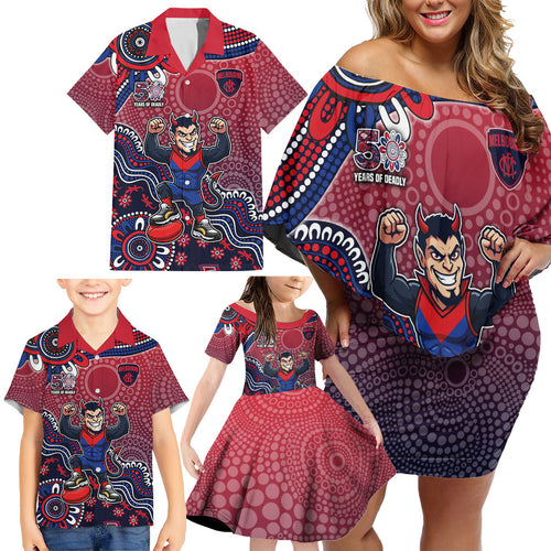 Personalized Melbourne Demons Football Mascot Family Matching Off Shoulder Short Dress and Hawaiian Shirt Aboriginal Dot Art Style Vibrant Indigenous Pattern Design