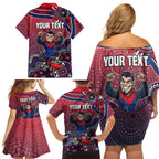 Personalized Melbourne Demons Football Mascot Family Matching Off Shoulder Short Dress and Hawaiian Shirt Aboriginal Dot Art Style Vibrant Indigenous Pattern Design