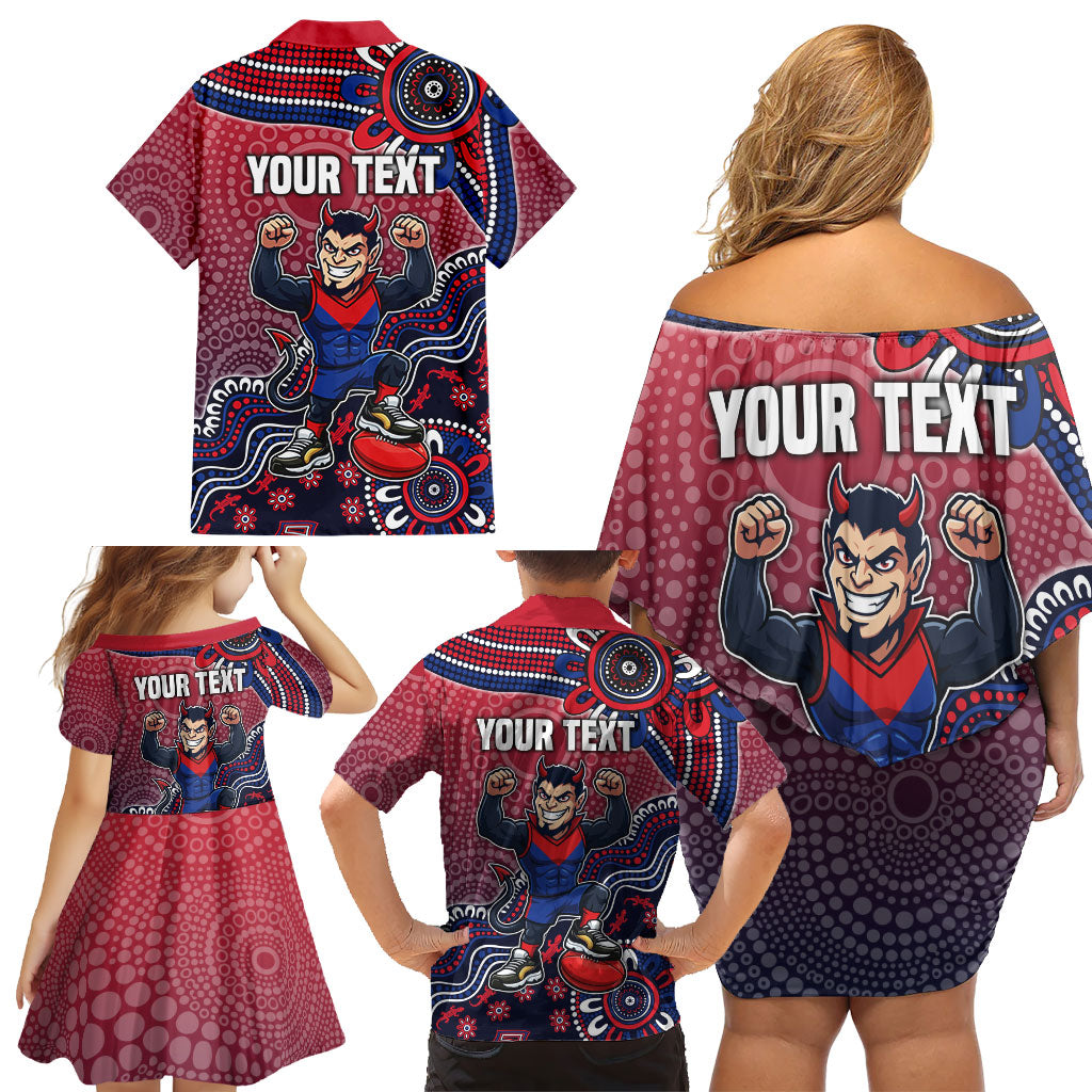 Personalized Melbourne Demons Football Mascot Family Matching Off Shoulder Short Dress and Hawaiian Shirt Aboriginal Dot Art Style Vibrant Indigenous Pattern Design