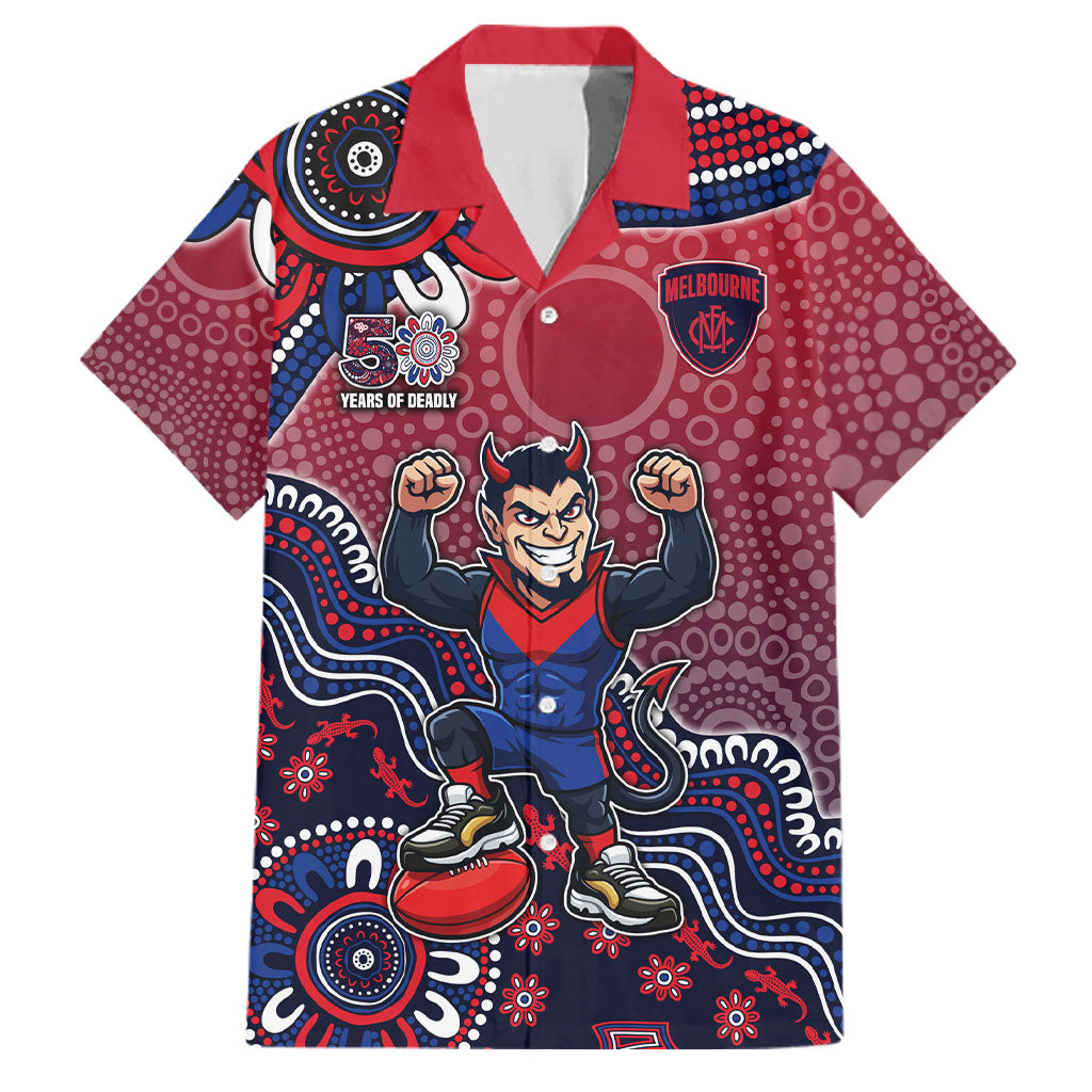 Personalized Melbourne Demons Football Mascot Family Matching Off Shoulder Short Dress and Hawaiian Shirt Aboriginal Dot Art Style Vibrant Indigenous Pattern Design