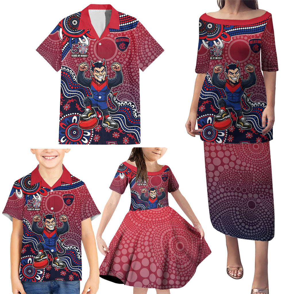 Personalized Melbourne Demons Football Mascot Family Matching Puletasi and Hawaiian Shirt Aboriginal Dot Art Style Vibrant Indigenous Pattern Design