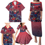 Personalized Melbourne Demons Football Mascot Family Matching Puletasi and Hawaiian Shirt Aboriginal Dot Art Style Vibrant Indigenous Pattern Design