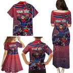 Personalized Melbourne Demons Football Mascot Family Matching Puletasi and Hawaiian Shirt Aboriginal Dot Art Style Vibrant Indigenous Pattern Design