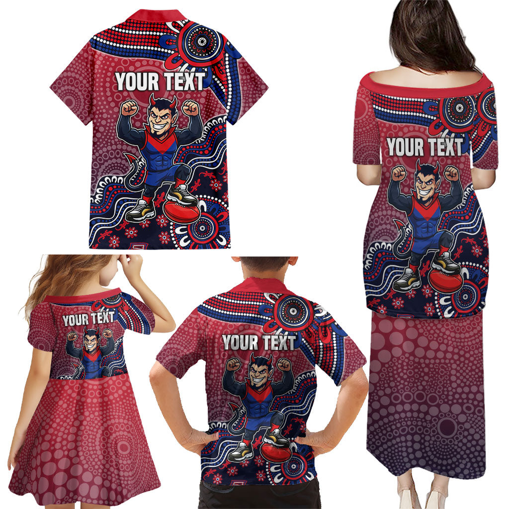 Personalized Melbourne Demons Football Mascot Family Matching Puletasi and Hawaiian Shirt Aboriginal Dot Art Style Vibrant Indigenous Pattern Design