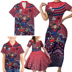 Personalized Melbourne Demons Football Mascot Family Matching Short Sleeve Bodycon Dress and Hawaiian Shirt Aboriginal Dot Art Style Vibrant Indigenous Pattern Design