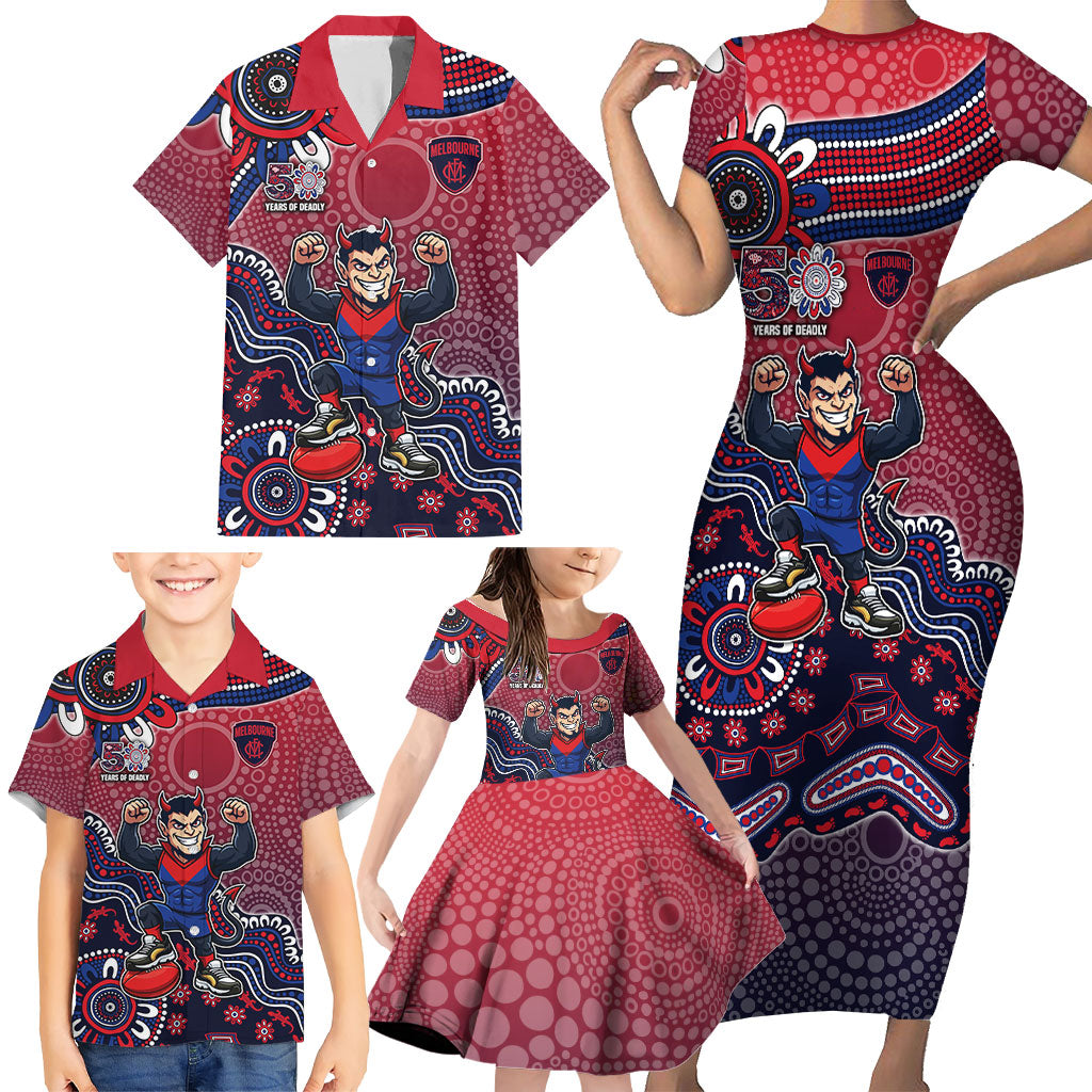 Personalized Melbourne Demons Football Mascot Family Matching Short Sleeve Bodycon Dress and Hawaiian Shirt Aboriginal Dot Art Style Vibrant Indigenous Pattern Design
