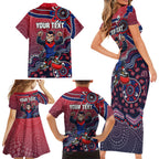Personalized Melbourne Demons Football Mascot Family Matching Short Sleeve Bodycon Dress and Hawaiian Shirt Aboriginal Dot Art Style Vibrant Indigenous Pattern Design
