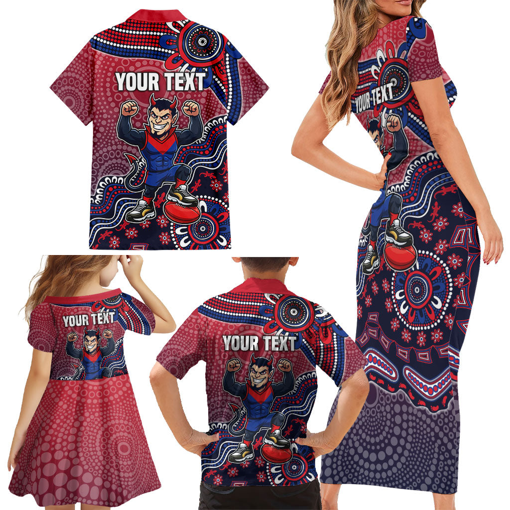 Personalized Melbourne Demons Football Mascot Family Matching Short Sleeve Bodycon Dress and Hawaiian Shirt Aboriginal Dot Art Style Vibrant Indigenous Pattern Design