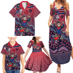 Personalized Melbourne Demons Football Mascot Family Matching Summer Maxi Dress and Hawaiian Shirt Aboriginal Dot Art Style Vibrant Indigenous Pattern Design