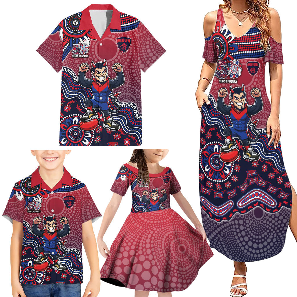Personalized Melbourne Demons Football Mascot Family Matching Summer Maxi Dress and Hawaiian Shirt Aboriginal Dot Art Style Vibrant Indigenous Pattern Design