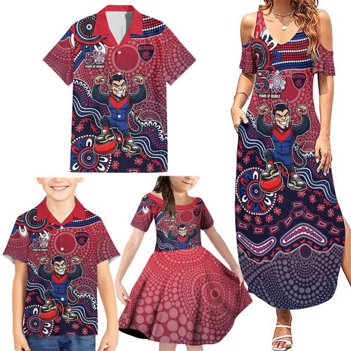Personalized Melbourne Demons Football Mascot Family Matching Summer Maxi Dress and Hawaiian Shirt Aboriginal Dot Art Style Vibrant Indigenous Pattern Design