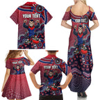 Personalized Melbourne Demons Football Mascot Family Matching Summer Maxi Dress and Hawaiian Shirt Aboriginal Dot Art Style Vibrant Indigenous Pattern Design